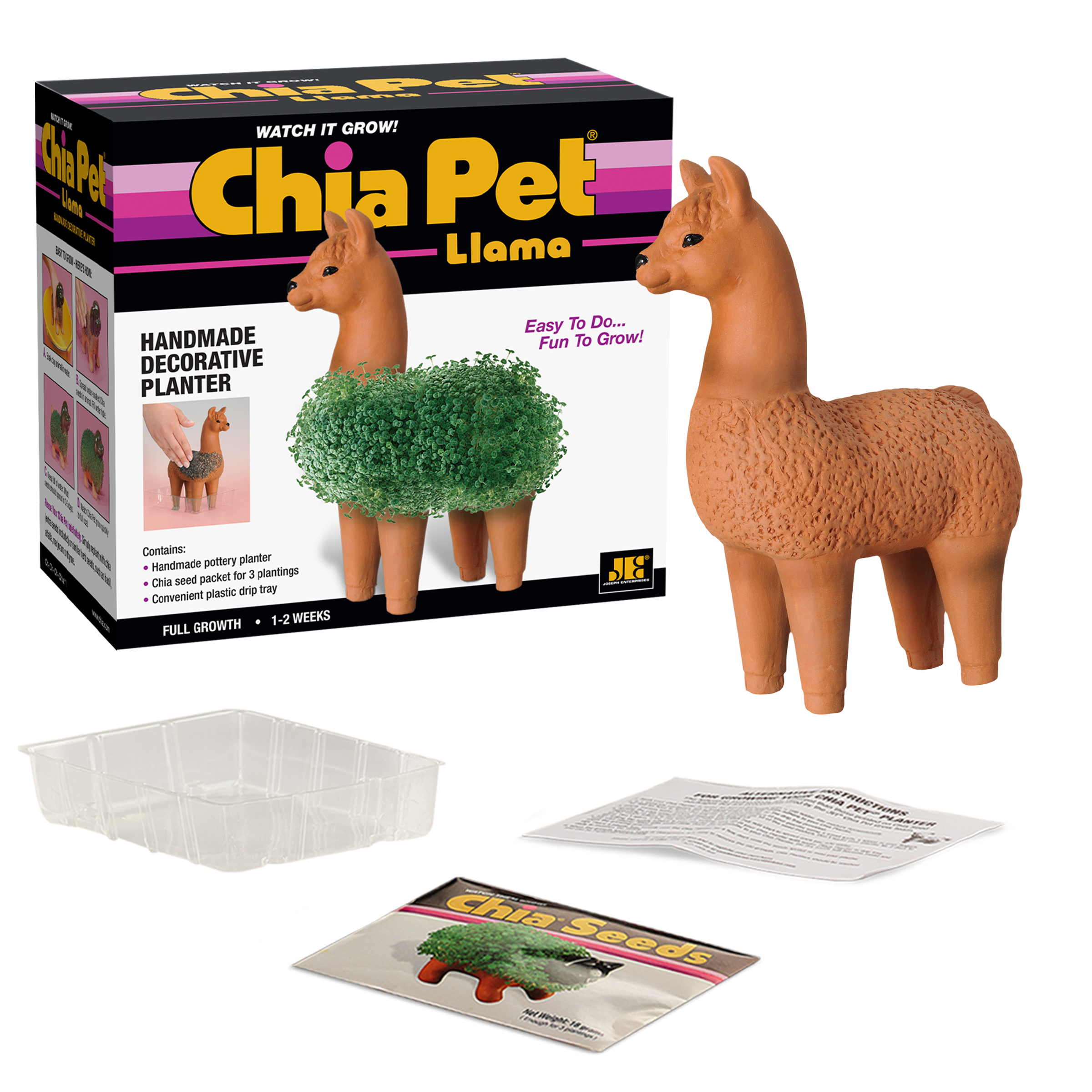 Original Llama Chia Pet® with box, drip tray, seed packet, and instructions